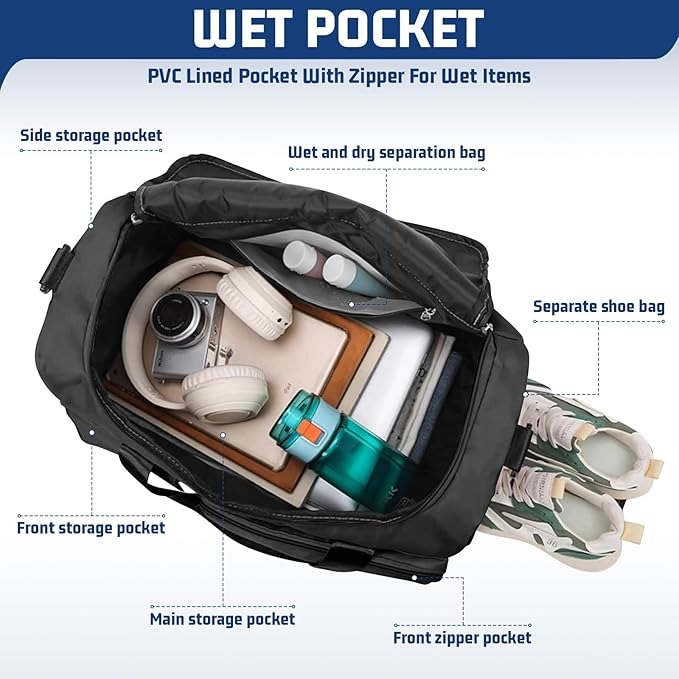 Waterproof Gym Bag Duffle Bag with Wet Pockets and Shoe Compartment, Durable Sports Holdall Bag - Image 4